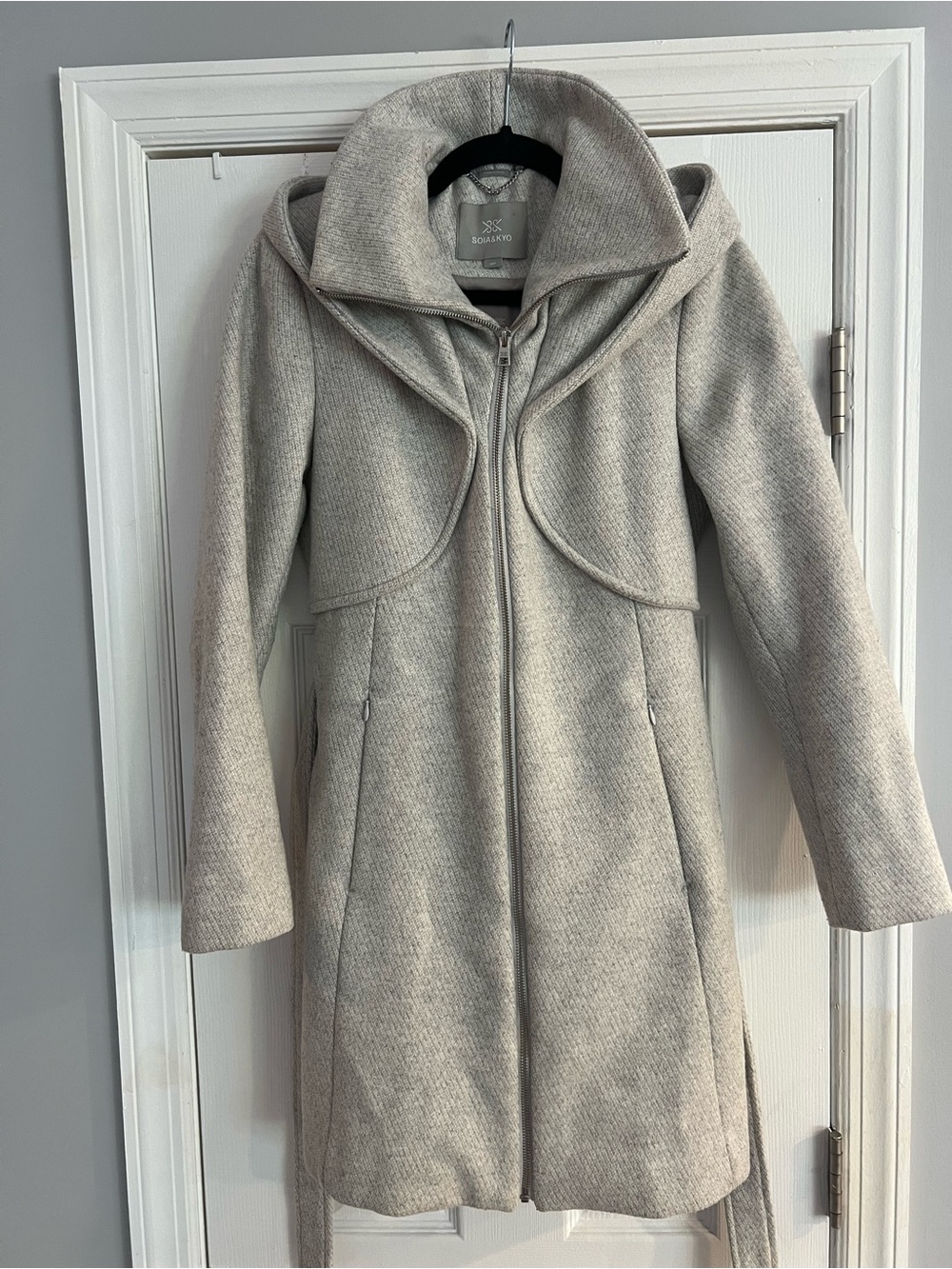 Soia & Kyo Light Gray Hooded Wool-Blend Trench Coat